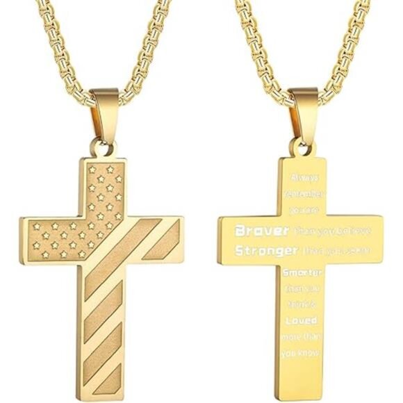 Gold American Flag Cross Necklace for Men Stainless Steel Box Chain 22+2 inch NW - Picture 7 of 7